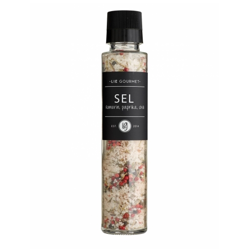 Grof zout met rozemarijn, rode paprika, chili en peper